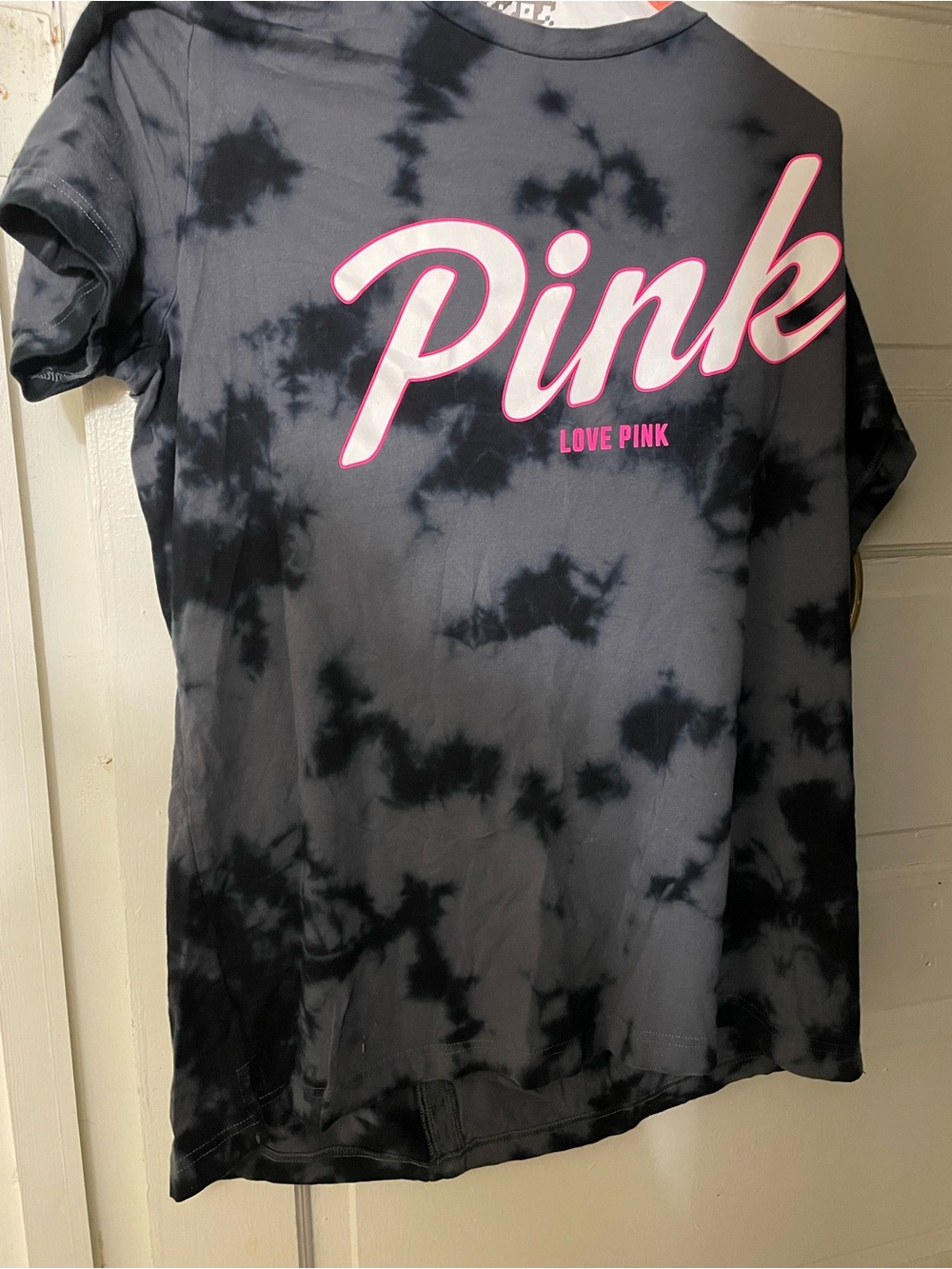 PINK Victoria's Secret Black Tie-Dye Logo Tee with Pink Script